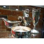 A PAIR OF SILVER HALLMARKED VASES, TWO PLATED WARE SAUCE BOATS AND WINE COASTER.