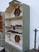 AN ANTIQUE PAINTED OPEN BOOKCASE.