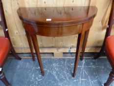 A MAHOGANY INLAID FOLD OVER CARD TABLE.