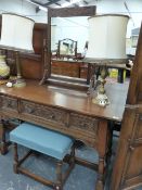 A TITCHMARSH & GOODWIN BESPOKE OAK DRESSING TABLE AND PANELLED HEADBOARD.