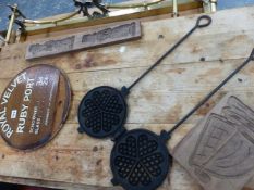 AN OAK BARREL TOP, A WAFFLE IRON ,ETC.