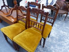 FOUR EDWARDIAN DINING CHAIRS AND A COFFEE TABLE.