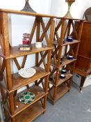 A PAIR OF HARDWOOD DISPLAY SHELVES.