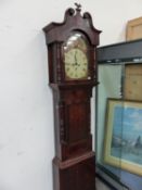 AN EARLY 19th.C.OAK AND MAHOGANY CASED 8 DAY LONG CASE CLOCK WITH PAINTED MOON FACE DIAL.