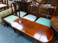 SEVEN VARIOUS ANTIQUE AND LATER DINING CHAIRS AND A MAHOGANY COFFEE TABLE.