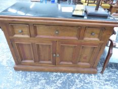 A MODERN KITCHEN CENTRE ISLAND WITH MARBLE INSET TOP.