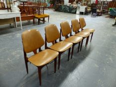 A SET OF FIVE TEAK RETRO DINING CHAIRS.