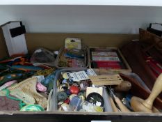 A LARGE QUANTITY OF VINTAGE SEWING RELATED ITEMS, BUTTONS, KNITTING NEEDLES, RIBBON, THREAD ETC.