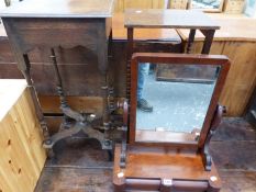 A VICTORIAN SWING MIRROR AND TWO OCCASIONAL TABLES.