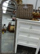 A PAINTED THREE DRAWER CHEST AND A PAINTED FRAME MIRROR.