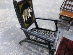 AN EASTERN FOLDING CHAIR WITH PAINTED DECORATION.