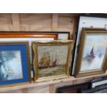 TWO OIL PAINTINGS MARINE SCENES AND OTHER MARINE WATERCOLOURS AND PRINTS.