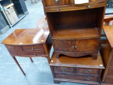 A MAHOGANY GEORGIAN STYLE BOW FRONT SIDE TABLE, A SMALL CABINET AND A TV STAND.