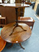 A GEORGIAN OAK TRIPOD TABLE AND A MAHOGANY WINE TABLE.