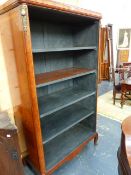 A FRENCH ROSEWOOD AND INLAID TALL OPEN SHELVED CABINET WITH GREY PAINTED INTERIOR. 112 x 55 x H.