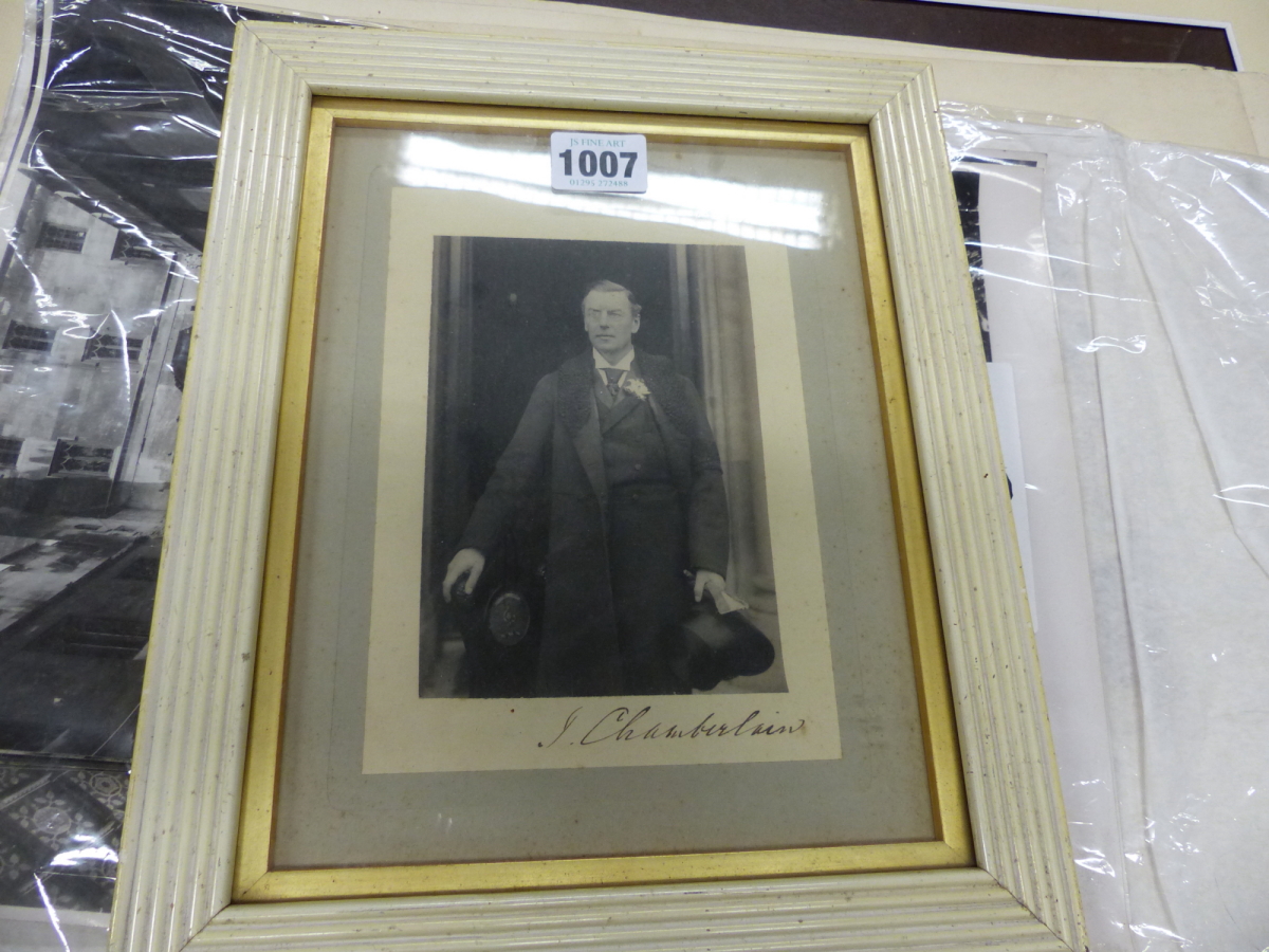 A FRAMED INK SIGNED PHOTOGRAPH OF JOSEPH CHAMBERLAIN, TWO OF THE CHAMBERS OF PARLIAMENT, OTHERS OF A