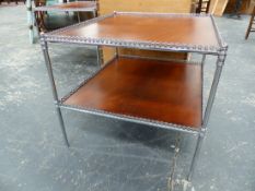 A PAIR OF BESPOKE TWO TIER END TABLES WITH CHROME FRAMES AND GALLERIED MAHOGANY TOPS. 61 x 71 x H.