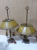A PAIR OF GILT METAL THREE LIGHT STUDENT'S LAMPS, THE OCHRE TOLE SHAPED ADJUSTABLE ON SQUARE
