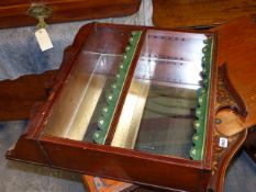 A GOOD QUALITY MAHOGANY AND INLAID WALL SHELF WITH MIRRORED BACK. W.54 x H.68cms.