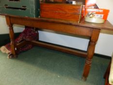 A PAIR OF 19th.C.OAK REFECTORY TYPE TABLES WITH PLANK TOPS OVER TURNED LEGS UNITED BY H-