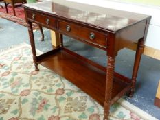 A VICTORIAN MAHOGANY SIDE TABLE/SERVER WITH SPIRAL TURNED FORELEGS AND GALLERY UNDERTIER. 114 x 49