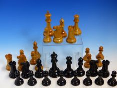 A MAHOGANY BOXED JACQUES STAUNTON CHESS SET IN BOX AND EBONY, THE WEIGHTED KINGS. H 10cms