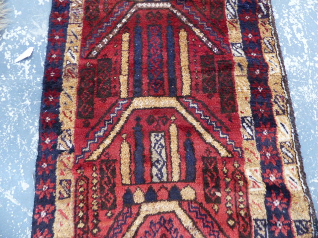 AN AFGHAN TRIBAL PRAYER RUG. 150 x 72cms TOGETHER WITH AN UNUSUAL BAG FACE. 115 x 98cms. (2) - Image 9 of 10