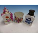 A MEISSEN TEA CADDY WITH EUROPEAN SILVER COVER. H 11.5cms. ANOTHER GERMAN TEA CADDY AND COVER. H