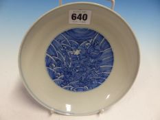A CHINESE BLUE AND WHITE PLATE, THE EXTERIOR WITH DRAGONS AMONGST WAVES BELOW A CASH MEDALLION RIM