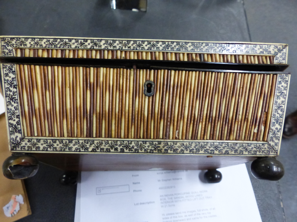 AN INDIAN PORCUPINE QUILL WORK BOX, THE SANDAL WOOD LINED INTERIOR WITH FITTED LIFT OUT TRAY. W 21. - Image 5 of 10