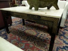 A CHINOISERIE LACQUER DECORATED LOW TABLE WITH MARBLE TOP. 118 x 68 x H.82cms.