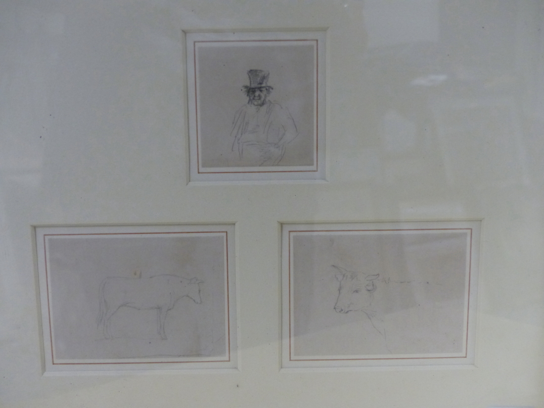ATTRIBUTED TO GEORGE CLAUSEN. (1852-1944) THREE PENCIL STUDIES FRAMED AS ONE, WITH GALLERY LABEL