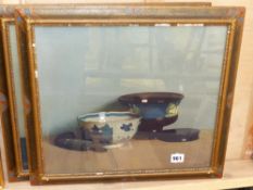 AFTER C.HAY. A PAIR OF STILL LIFE PICTURES WITHIN ART DECO POLYCHROME AND GILT FRAMES, OVERALL 42