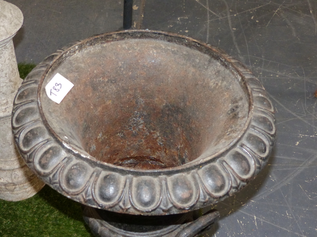 A PAIR OF OLD CAST IRON CLASSICAL VICTORIAN STYLE GARDEN URNS ON SQUARE BASES. Dia.48 x H.60cms. - Image 3 of 4