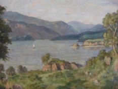 EARLY 20th.C.ENGLISH SCHOOL. A LAKELAND VIEW, SIGNED INDISTINCTLY, OIL ON CANVAS BOARD. 30 x 40cms