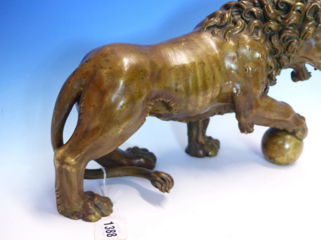 AFTER THE MEDICI LION, A BRONZE FIGURE GROWLING AND WITH RIGHT FOREPAW RAISED ON A BALL. W 35cms. - Image 3 of 5