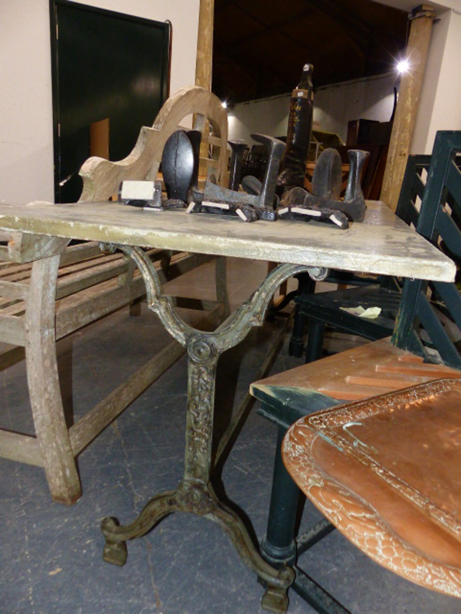A SET OF THREE CAST IRON BASED TABLES WITH CAST IRON TRESTLE BASES AND ZINC WRAPPED TOPS. 69 x 210 x - Image 10 of 11