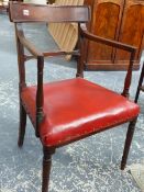 A PAIR OF GEO.III.MAHOGANY ARMCHAIRS WITH REEDED BACK RAIL ON SLENDER TURNED FORE LEGS. (2)