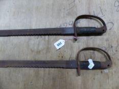 TWO MID VICTORIAN SAW BACK BAYONETS TO FIT THE MARTINI-HENRY RIFLE, WD AND 59 MARKINGS TO THE TOP OF