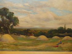 19th.C.ENGLISH SCHOOL. THE HAY FIELD, OIL ON BOARD. 40 x 61cms.