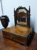 A SATINWOOD AND BRASS MOUNTED DRESSING TABLE SWING MIRROR WITH DRAWER BASE ON PAD FEET. 41 x 33 x