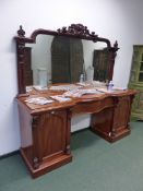 A LARGE VICTORIAN MAHOGANY TWIN PEDESTAL MIRROR BACK SIDEBOARD.