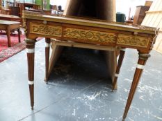 A FINE QUALITY FRENCH PARQUETRY INLAID ORMOLU MOUNTED LOUIS XVI STYLE WRITING TABLE, STAMPED AND