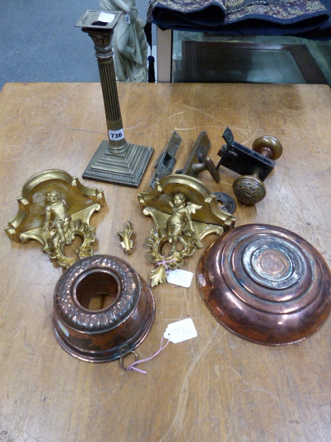 A PLATED CORINTHIAN COLUMN CANDLESTICK. H 29cms TWO COPPER MOULDS, DOOR FURNITURE AND A PAIR OF GILT