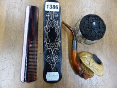 A GOLD WIRE PICQUE TORTOISESHELL BACKED CLOTHES BRUSH, A PINK ENAMELLED SILVER MOUNTED COMB, A