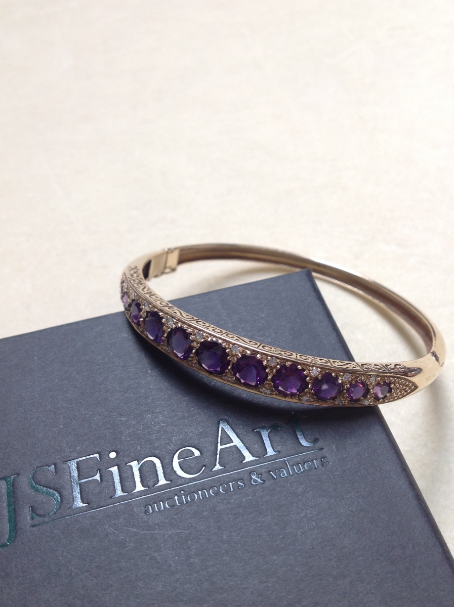 A 9ct GOLD AMETHYST AND DIAMOND CARVED HINGED BANGLE COMPLETE WITH FIGURE OF EIGHT SAFETY CLASP, - Image 8 of 14