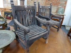 A PAIR OF GOOD QUALITY TEAK CHILD SIZE GARDEN ARMCHAIRS OF TRADITIONAL FORM, CONSTRUCTED FROM THE