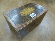 A MARQUETRY BURR WALNUT TEA CADDY, THE CROSS BANDED RECTANGULAR LID WITH CENTRAL OVAL PATERA AND