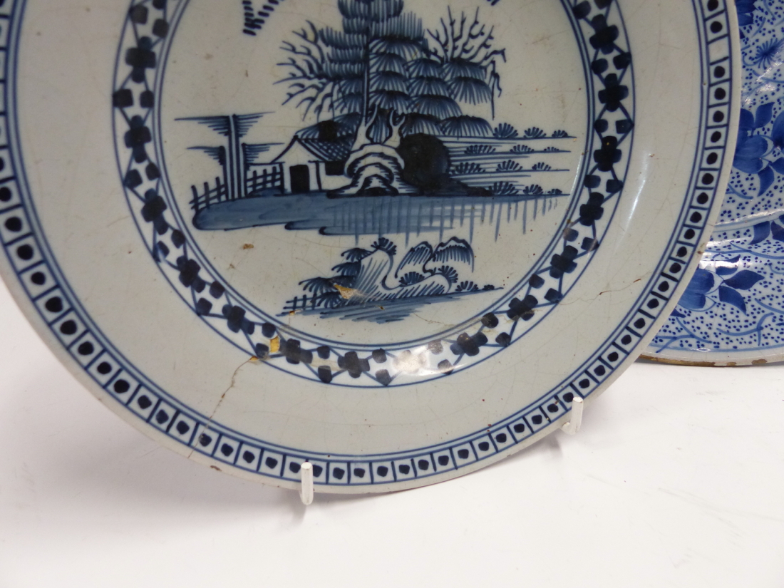 THREE DELFT BLUE AND WHITE PLATES, THE LARGEST. Dia. 34cms TOGETHER WITH A JAPANESE IMARI DISH. Dia. - Image 3 of 26