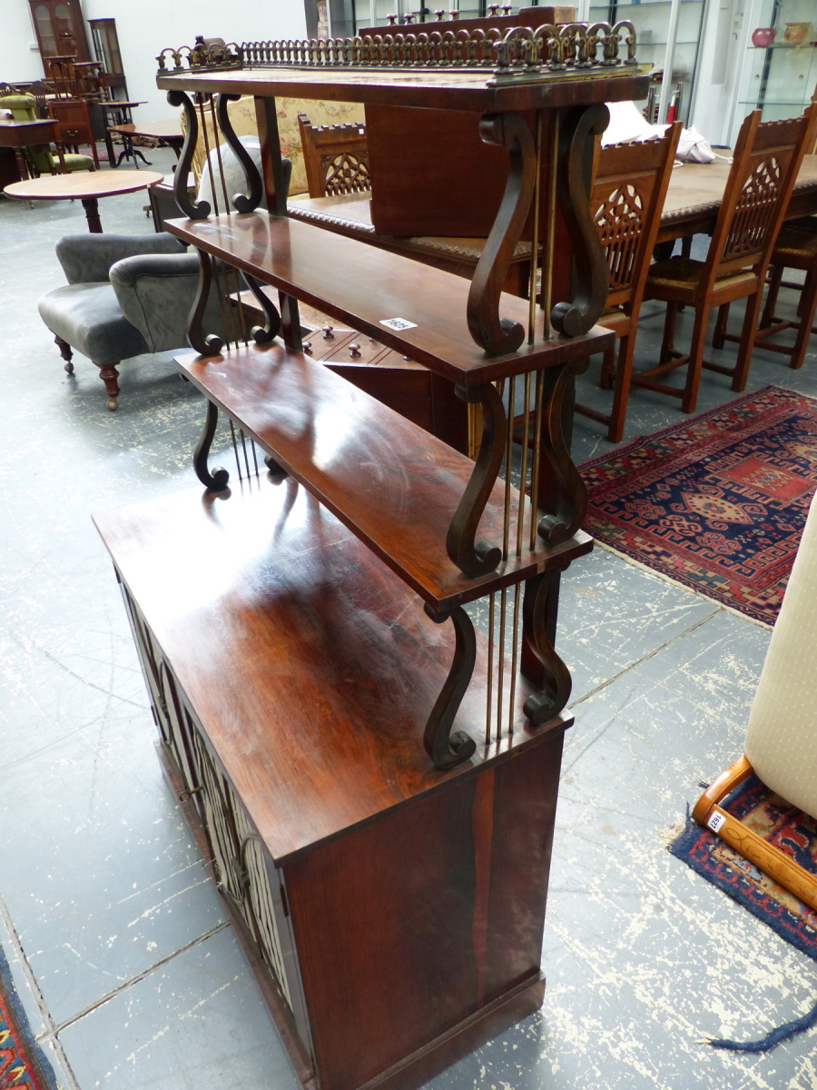 A REGENCY ROSEWOOD CHIFFONIER WITH BRASS GALLERY OVER TRIPLE LYRE SUPPORTED SHELVES ABOVE PLEATED - Image 9 of 12